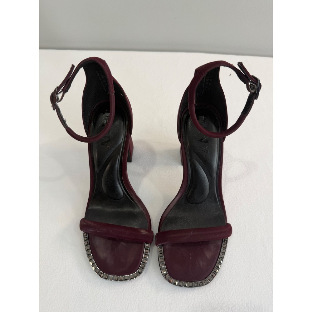 DKNY Sandals 6.5 Burgundy Block Heel Ankle Strap Studded Square Toe Party